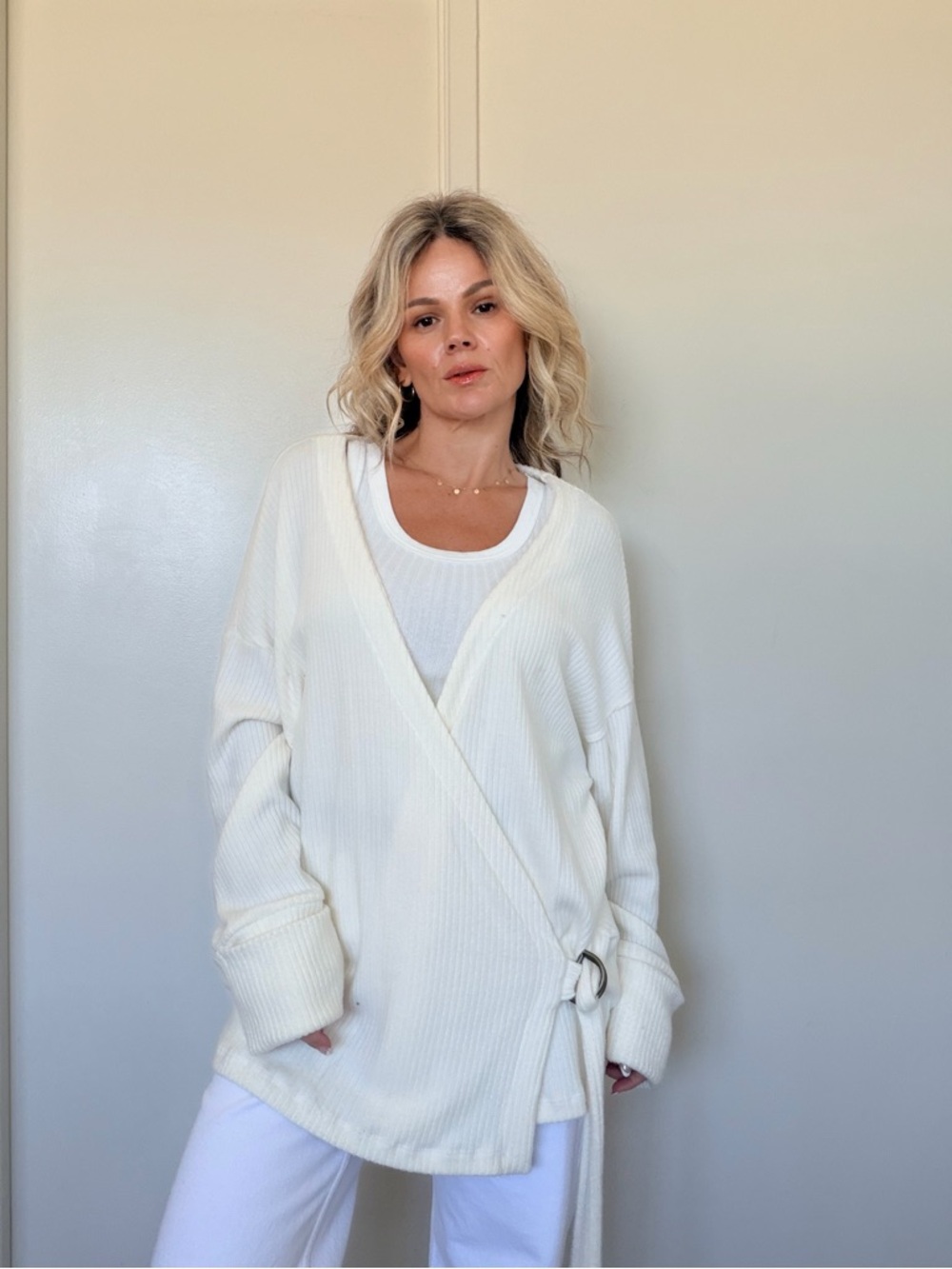New Project Social T White Ribbed Wrap Top Long Sleeve